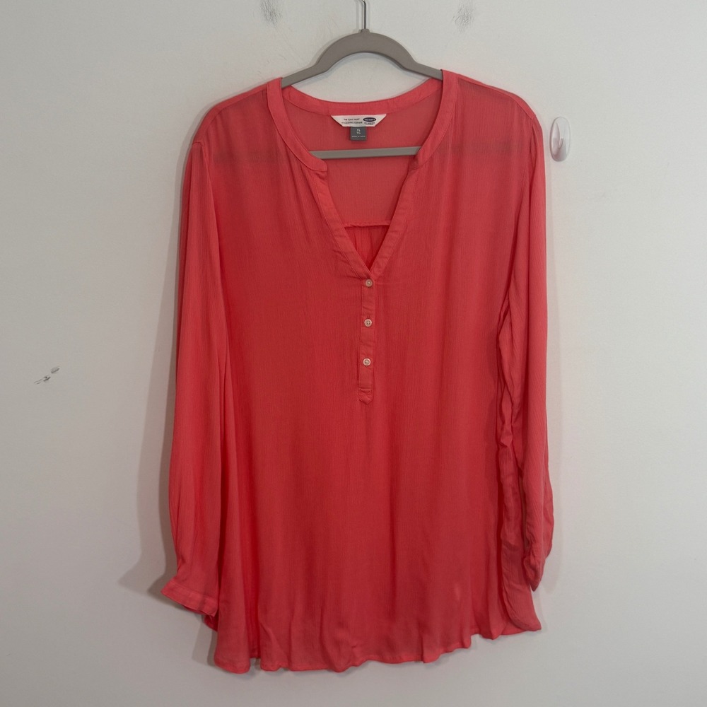 Old Navy Womens Tunic Shirt XL Pink Gauzy Boho Henley V Neck Long Sleeve